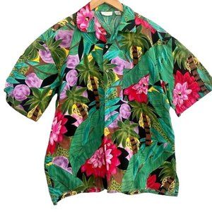 Hawaiian men shirt by Gottex size L. Hawaii Floral Green Pink.